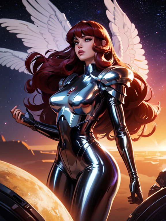 Best quality, 8K, woman space retro futurism, beautiful and detailed face, red curly long hair, bangs,big eyelashes,big angel wings,LOOKING TO observer, shiny silver armour over TAN bodystocking, black belt,sci-fi RETRO SPACESHIP scenario