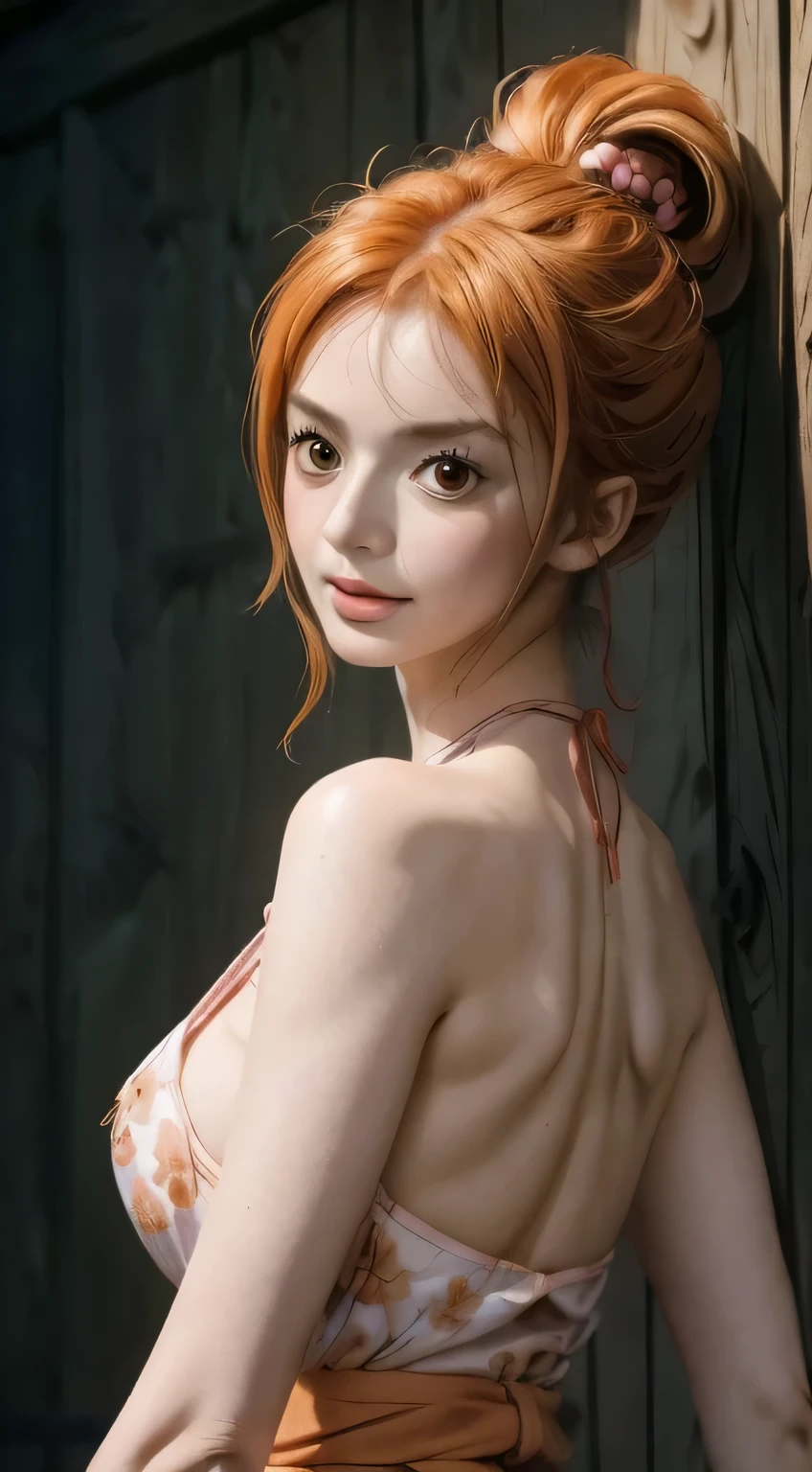 Nami, One Piece \(series\), One Piece arc Wanokuni, anime art style, masterpiece, pink short floral kimono, kimono, ponytail hair, orange hair, Climate Baton, Clima-Tact, 1girl, solo, (Looking at the Audience), wink eye, holding a piece of gold, closed mouth, elbow sleeve, eyes visible through hair, floating hair, foreshortening, green eyes, hair intakes, orange hair, tattoo on arm, large breasts, v-shaped eyebrows, detailed background, outdoor, cherry blossoms, sky, (ultra detailed), (8k, intricate), (85mm), light particles, lighting, full body, (highly detailed:1.2), (gradients), sfw, colorful, (detailed background), (rule of third_composition:1.3), (Line of action:1.2), daylight, solo, sexy posing