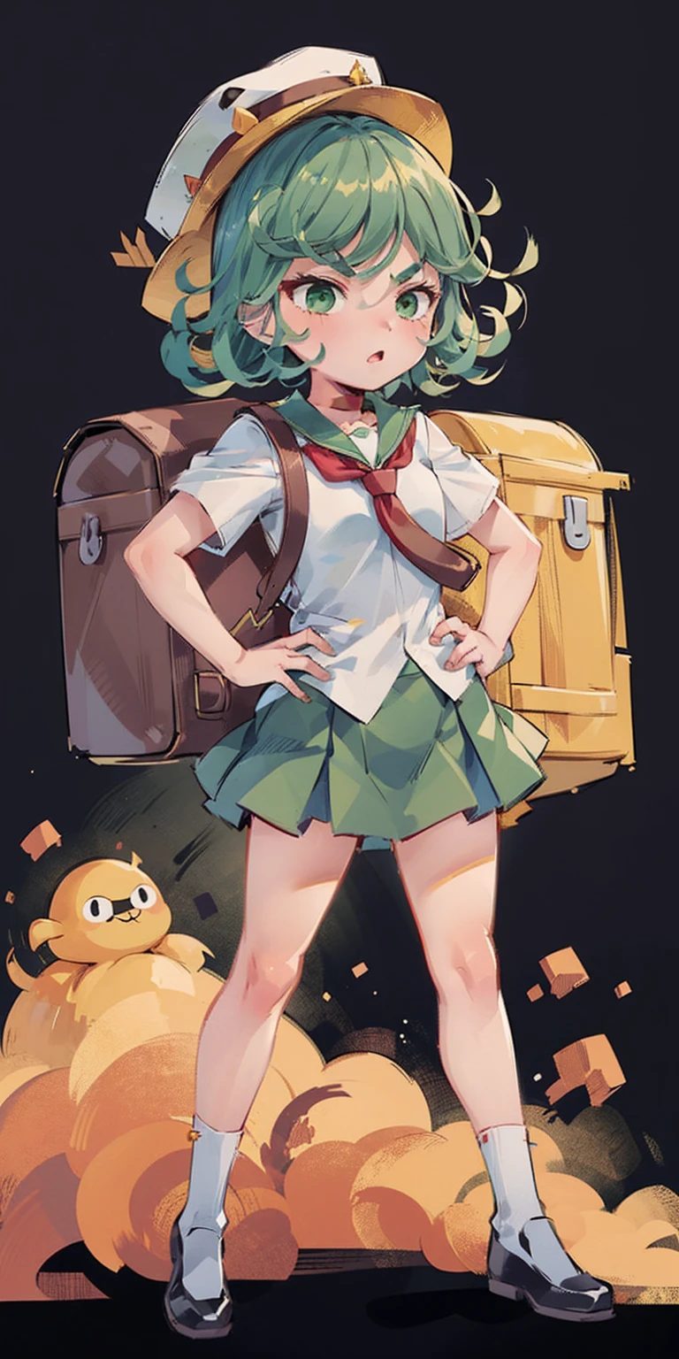 ((fond noir)) Tatsumaki s&#39;agenouille sur un drap BLANC, cheveux courts au carré cheveux verts, yeux verts, Jardin d&#39;enfants_uniforme,chapeau jaune,Sac d&#39;école rouge, esclave en cuir avec collier ras du cou , (Mains sur les hanches, clenching fist 👊 ✊️)