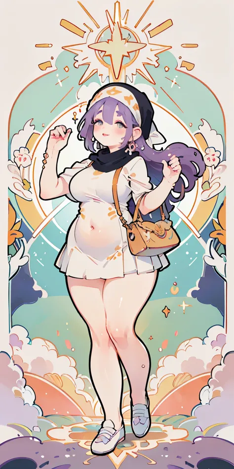 (((purple hair))), princess cut, Glasses, absurdres, highres, ultra detailed, beautiful, masterpiece, best quality, (1girl:1.2), tarot, bard, coat four, micro mini skirt, ((Lightweight clothes, sunscreen, comfortable shoes, headscarf)), symbolism, Visual a...