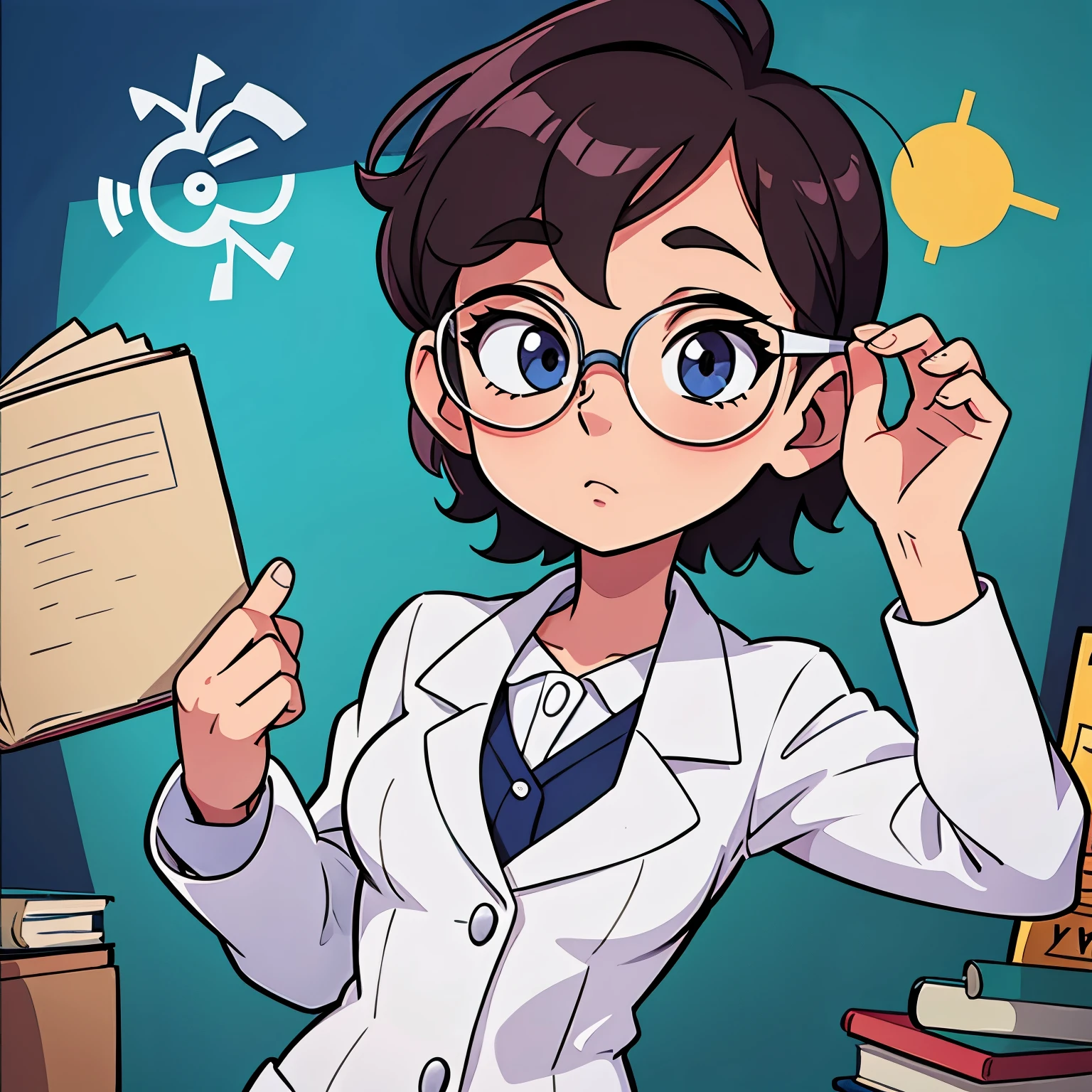 fille scientifique de dessin animé blanche, mince, diente, avec des lunettes carrées