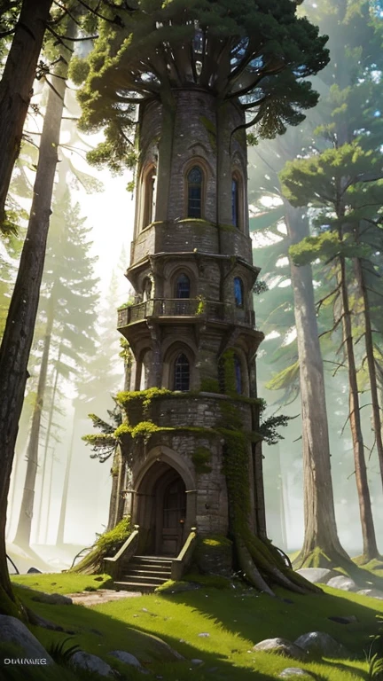 A medieval tower made of mossy stones stands on the edge of the forest, surrounded by centuries-old spreading oaks and spruce trees.; high quality textures, ultra-realistic environment, many small details, Intricate details, daylight, early morning, Slanting sun rays through foliage 