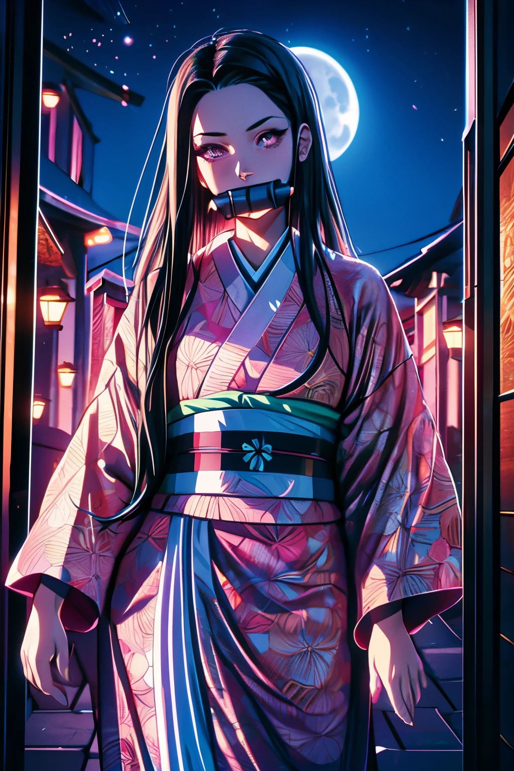 masterpiece, (pink kimono), seductive face, good lighting, low-cut, fine details, masterpiece, girl, black hair, gag,  Nezuko Kamado, old twon,night time,moon,masterpiece, best quality, POV, wide hips,