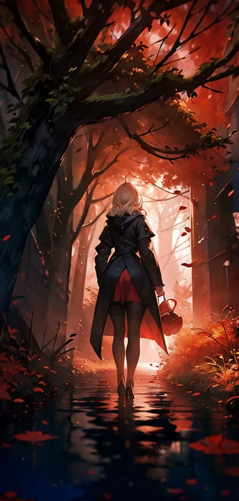 blonde woman，long coat，Rear view，silhouette，red forest，Red Moon，Red Night，