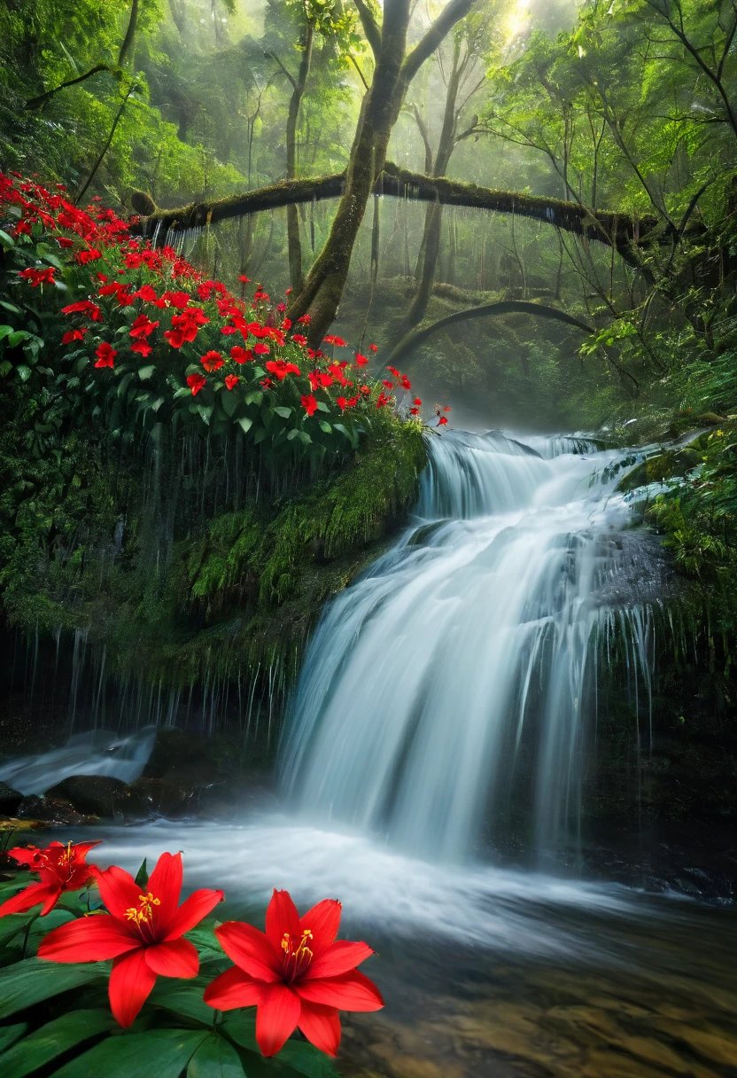 Exposição longa, flores vermelhas em primeiro plano, Qualidade 4k 4:3 Cachoeira na floresta, Qualidade de camera Cânon, 8K, ARW, fotografia geográfica nacional, fotografia premiada,