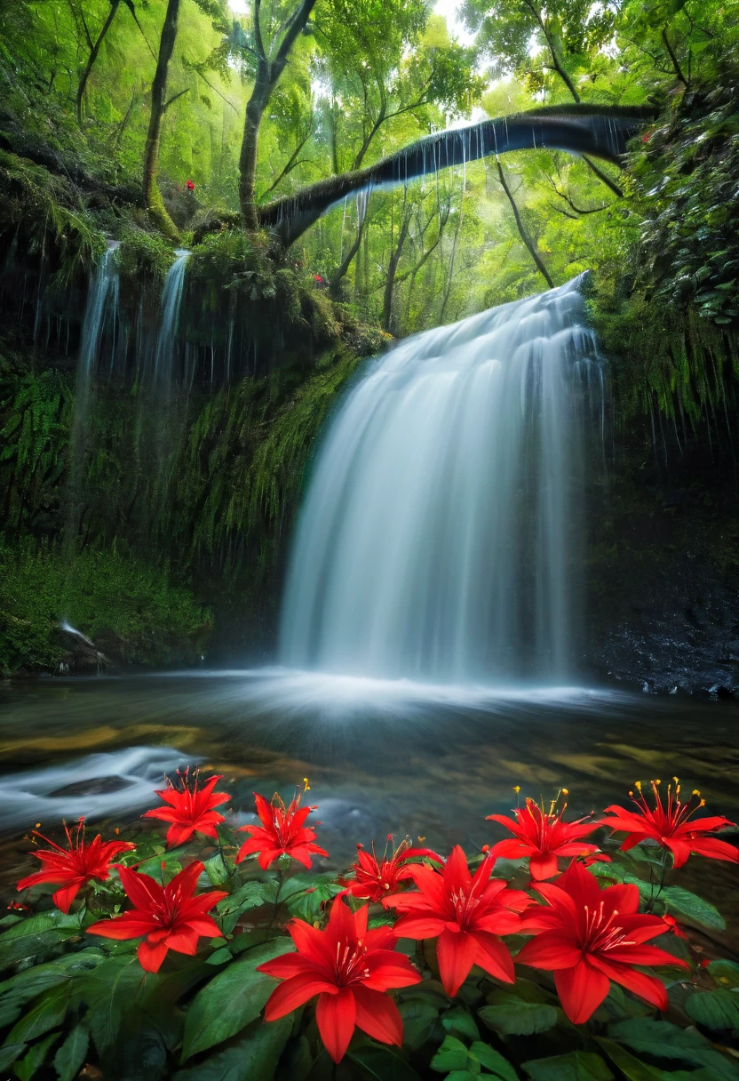 Exposição longa, flores vermelhas em primeiro plano, Qualidade 4k 4:3 Cachoeira na floresta, Qualidade de camera Cânon, 8K, ARW, fotografia geográfica nacional, fotografia premiada,