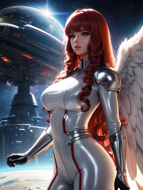 best quality, 8k, woman space retro futurism, beautiful and detailed face, red curly long hair, bangs,big eyelashes,big angel wi...