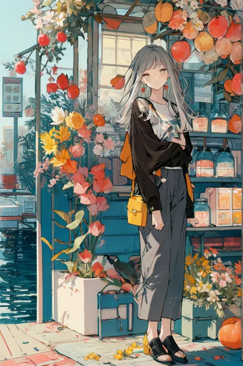 (masterpiece:1.2), highest quality,pixiv,sweet girl , 1 girl, flower, cup, have, bob hair, gray hair, bag, high heels, food, jew...