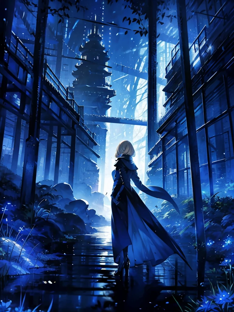 blonde woman，long coat，Rear view，silhouette，blue forest，blue Moon，blue night，