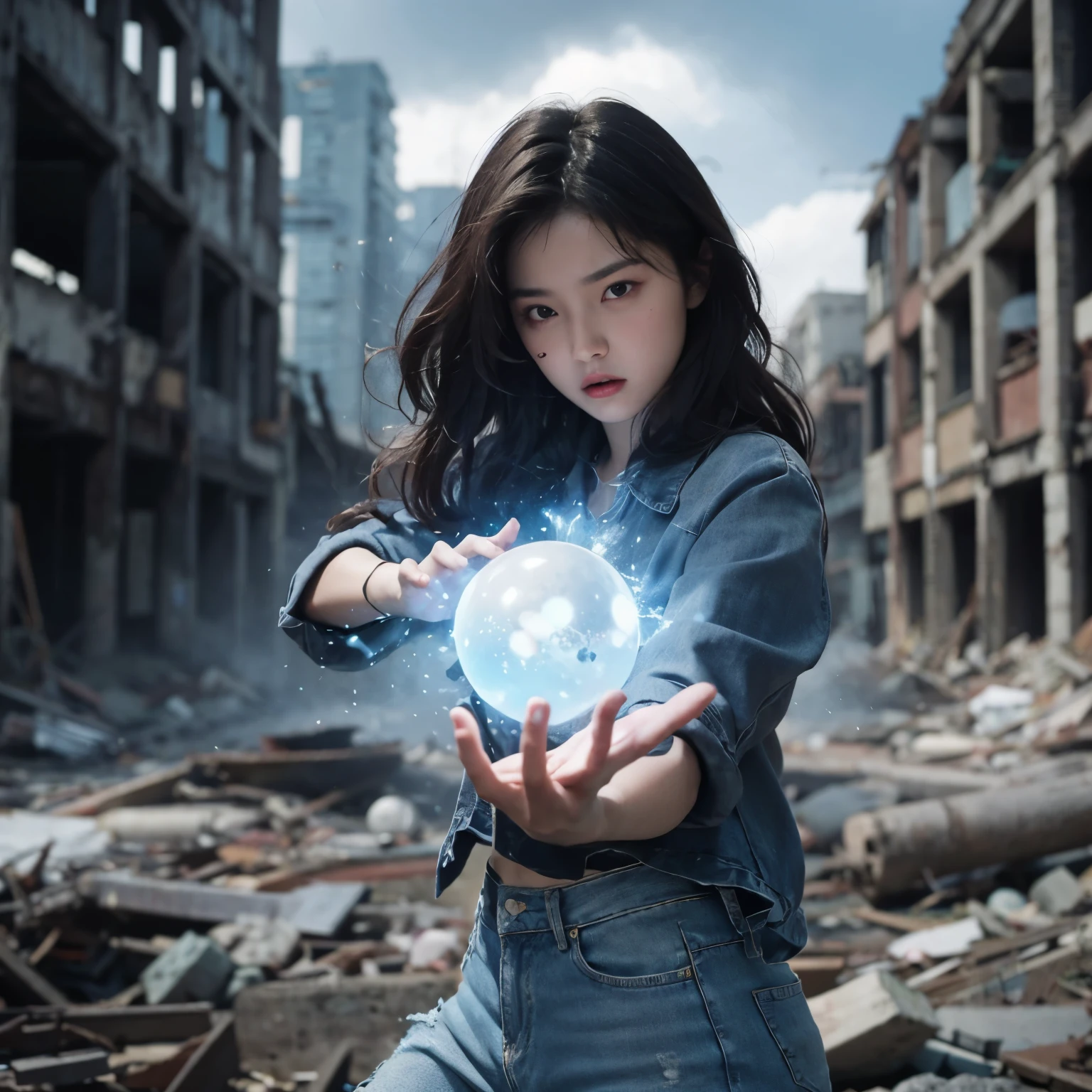 A beautiful woman with dark brown hair, twenty years old, with an angry expression. She is extending one hand forward, and in that hand, a blue-white glowing magical energy ball is forming. She is standing in the middle of a ruined city, wearing blue jeans and a jacket.