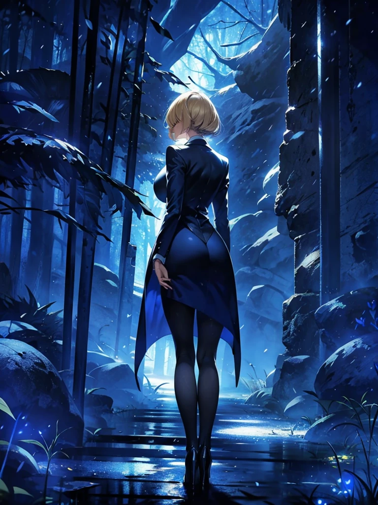 Blonde Frau，langer Mantel，Rückansicht，Silhouette，blauer Wald，blauer Mond，blaue Nacht，