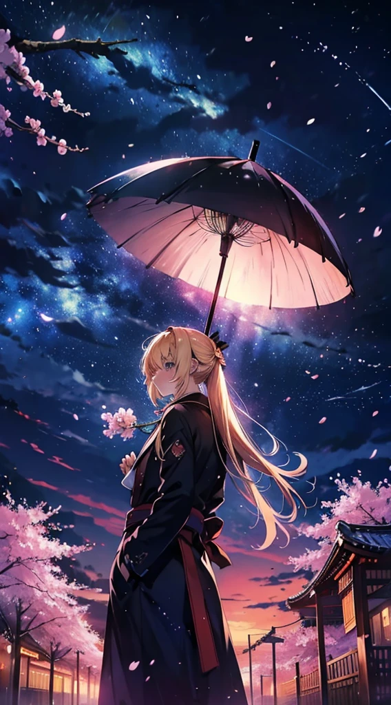 １Menschen々々々々々々々々々,Blonde lange Haare，langer Mantel，hält einen japanischen Regenschirm，Silhouette， Rückansicht，Weltraumhimmel, Milchstraße, Anime-Stil, Laternenpfahl, Kirschblüten，夜Kirschblüten，辺り一面に舞うKirschblüten吹雪，