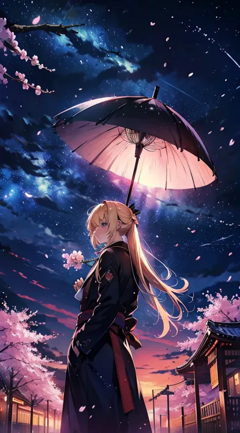 １people々々々々々々々々々,blonde long hair，long coat，Holding a Japanese umbrella，silhouette， Rear view，space sky, milky way, anime style,...