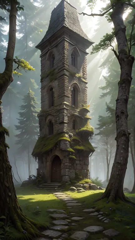 A medieval tower made of mossy stones stands on the edge of the forest, surrounded by centuries-old spreading oaks and spruce tr...