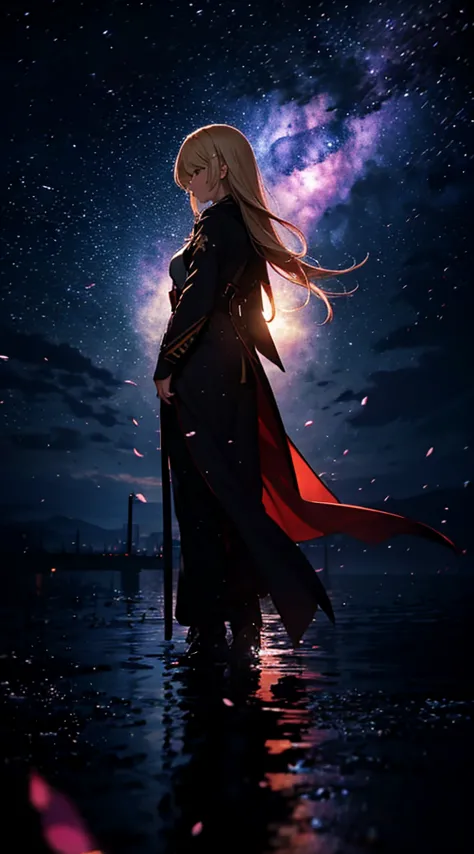 １people々々,blonde long hair，long coat，have a sword，silhouette， Rear view，space sky, milky way, anime style, cherry blossoms，夜cher...