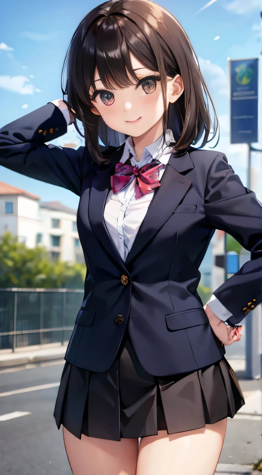 Chica anime con uniforme escolar posando en una esquina de la calle. -  SeaArt AI