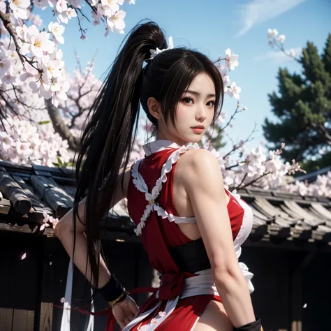 (((full body，big breasts))),Under the cherry blossom trees in the spring breeze，The red fighting uniform worn by Mai Shiranui，Th...
