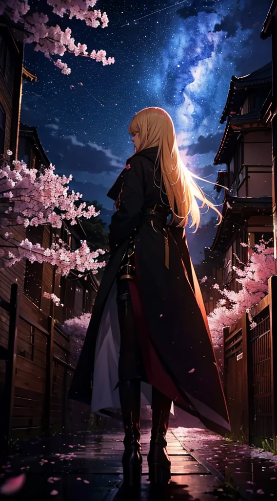 １people々々々,blonde long hair，long coat，have a sword，silhouette， Rear view，space sky, milky way, anime style, cherry blossoms，夜cherry blossoms，辺り一面に舞うcherry blossoms吹雪，