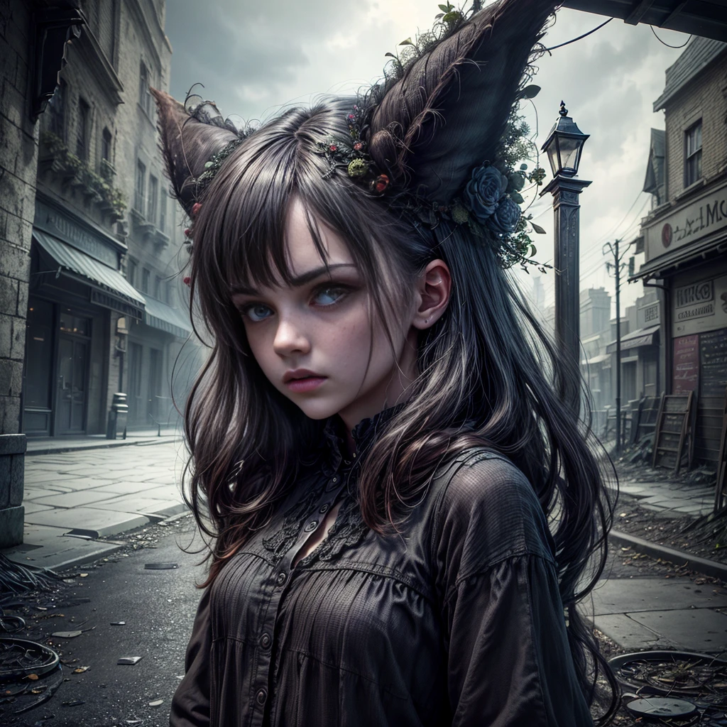 (best quality,4k,8k,highres,masterpiece:1.2),ultra-detailed,(realistic,photorealistic,photo-realistic:1.37),dark fantasy,street scene,unfamiliar environment,detailed buildings,ominous atmosphere,mysterious creatures,horrifying presence,unsettling,shadowy figures,intense darkness,young girl,long hair,innocent face,vulnerable position,hopeless situation,distressed expression,starry sky,dimly lit street lamps,dark colors,overgrown plants,quirky architecture,strange symbols,haunting shadows,abandoned feel,loneliness,magic in the air,creepy atmosphere,enchanted surroundings,gothic elements,otherworldly aura,dramatic composition,contrasting light and shadow,foreboding,uncertainty, bright weather, sunny day, brigth ambiences, light everywhere, nsfw, exposed woman, naked woman, (subtle nudity:1.1)