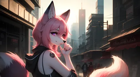 cyberpunk fox, beautiful light and shadows on a beautiful face with light pink hair、ambientebeleuchtung am strand、ultra-fine fur...