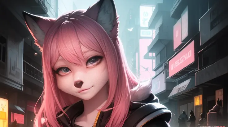 cyberpunk fox, beautiful light and shadows on a beautiful face with light pink hair、ambientebeleuchtung am strand、ultra-fine fur...