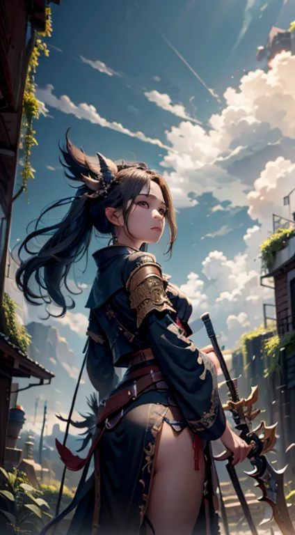 top lighting, Distant view (Taken from below..), girl, armed with weapons, outdoor, stand, clouds behind, heaven, The sky is clo...
