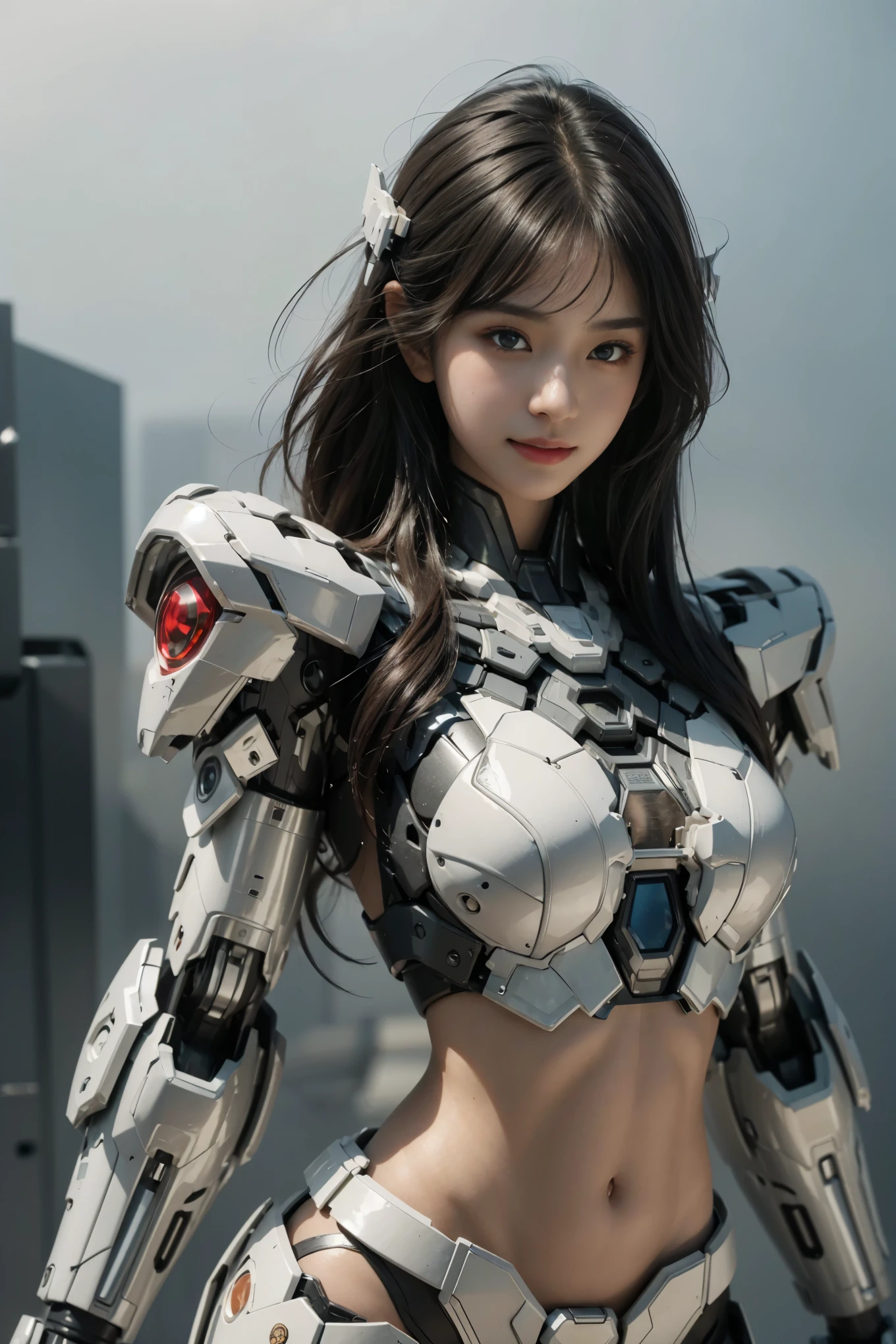 textured skin, Super details, high detail, high quality, best quality, ultra high resolution, 8K, hard drive, fair,(war machine),beautiful woman,Mecha girl,Versus mode,Mecha girl,她穿着未来war machine武器机甲,Full body photo with navel exposed,bare belly，Completely exposed waist，No armor covering the abdomen，delicate face, vibrant eyes, high detail皮肤, Realistic skin details, Visible pores, sharp focus, volumetric fog, 8K Ultra HD，photorealism, , Ultra-detailed skin for face and body, perfect asian, White skin, (Delicate skin:1.3), (perfect glowing skin:0.6), beautiful eyes, round eyes, pretty face, blush, glossy lips, high nose bridge, shiny eyes, Perfectly proportioned face, Really moist skin, Smile，exquisite expression, looking at camera，upper body capture