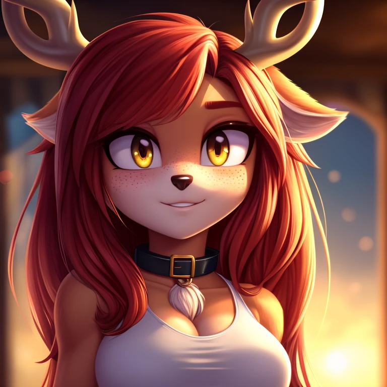 masterpiece, best quality, ultra-detailed, cinematic lighting, beautiful lighting, detailed background, 1girl, breasts, blush, furry, furry female, cute, red hair, horns, freckles, muscular, antlers, fur trim, fur collar, medium breasts, deer ears, body fur, animal ears, reindeer antlers, yellow eyes, white shirt, jeans, long hair, close up