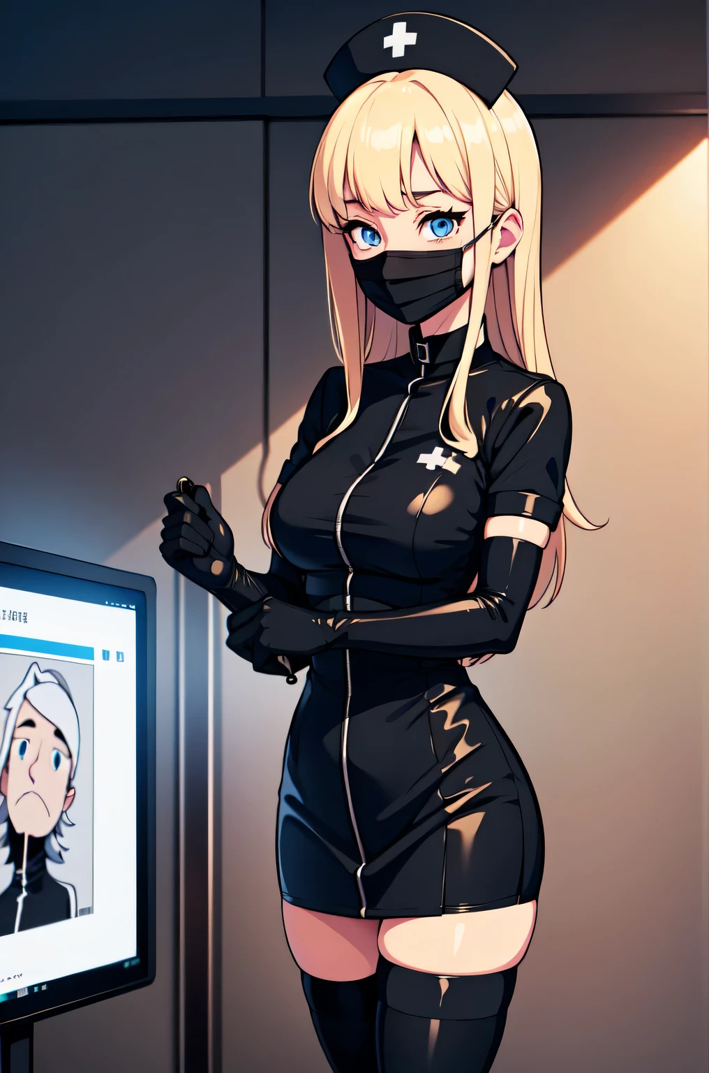 black nurse, 1woman, solo, black nurse cap, black nurse uniform, ((black legwear, zettai ryouiki)), black elbow gloves, blonde hair, blue eyes, ((black surgical mask, covered nose)), standing, ((surgery room)), sharp outline, short sleeves, mature female, 35 years old, best quality, masterpiece