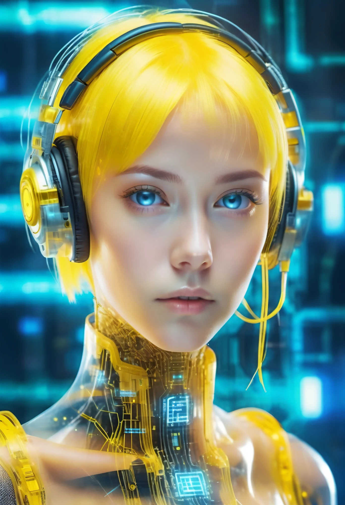 半透明空灵机械少女的脸，未来派 2b 女孩脸，黄色短发, 机械连接技术少女面容，带耳机 ,未来派矩阵代码蓝色背景