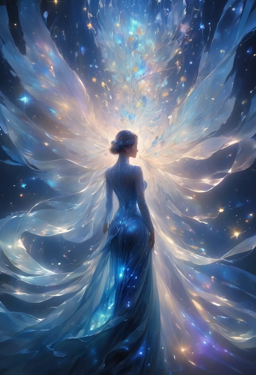 imagina una mujer de cristal, Su exquisita figura es como una obra de arte escultórica., Llorando en el cielo estrellado. La noche azul la envolvió, Una luz melancólica envolvió su elegante figura.. Her glass Brillo corporals with bright blue hues, Cada línea y curva está grabada con detalles intrincados.. El cristal de sus ojos refleja las estrellas titilantes., Reflejando la infinita profundidad y emoción del universo.. Su tristeza está más allá de las palabras., Pero su hermosa figura no se ve afectada en absoluto., Prueba del extraordinario poder de la emoción. Esta mujer de cristal 4K es una imagen exquisita de luces y sombras., color, y sintiendo, llegar，Brillo corporal，Línea brillante，FLUORESCENCIA,Ejemplo luminoso，Ejemplo de seguimiento，destello，萤partículas de luz，Iluminar desde el fondo，translúcido，partículas de luz，Anatomía humana correcta.，Presentado por Octane，Luz volumétrica，luz suave natural，), (súper exquisito:1.2, Pérdida de enfoque:1.2, Muy colorido, Iluminación de cine, chiaroscuro,trazado de rayos), obra maestra, Super rico,Súper detallado,8K, 3ddianshang\(Estilo\)