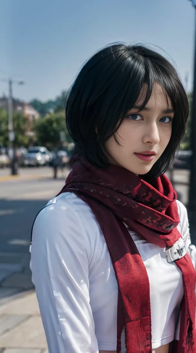 8K, Top Quality, Intricate Details, Ultra Detail, Ultra High Resolution, Masterpiece, random angle, mikasa ackerman,   Slender, Smile, (Makeup: 0.4), (Fluffy Blue Eyes: 1.21), blue Eyes,, ((full body)), 1girl, solo, 1 girl, (( full body)),  close-up shot,  , , ((tall)), (((fit body))), (((slim face))), sharp face, sharp eyes, (((black hair,  short hair, bangs ))  ,(detailed face), sharp face, small lips, thin lips, 
 ((red scarf, thigh strap)),  detailed face, detailed breast, , large breast, detail, , Beautiful girl with accentuated slender abs: 1.4, Six Pack Abs: 1.4, Bust Botox, Big, Perfect Body, detail leg, (( moonlight)), ocean