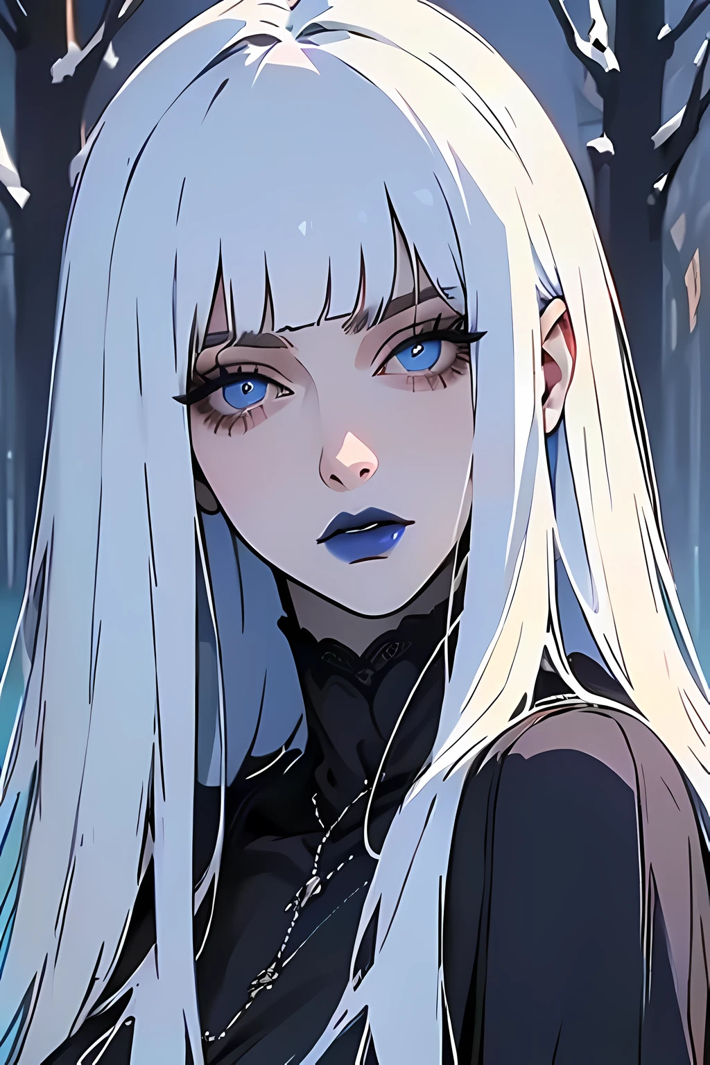 (best quality,4k,8k,highres,masterpiece:1.2),ultra-detailed,(realistic,photorealistic,photo-realistic:1.37),A girl with white long straight hair, straight bangs, bright blue eyes, a cold and indifferent gaze, cold weather, snow, blue lipstick, white sweater
