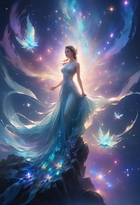 1 girl, (3D sculpture，A woman in a long dress stands on a cliff looking at the stars, space goddess, galaxy goddess, goddess in ...