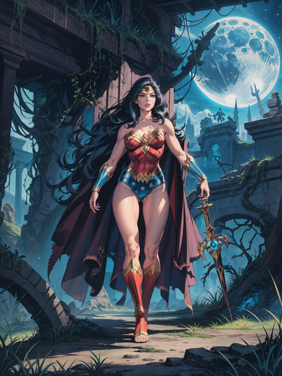 ((Full body photo,standing, feet on the ground)) Wonder Woman Death Metal, crown on your head, blue long ankle boots, front view, stands imposing in a gothic lost city. Moonlight highlights your muscles and scars. The scenery is lush and mysterious, with futuristic tech and surroundings. The camera details everything, a warrior woman, in front of him.
