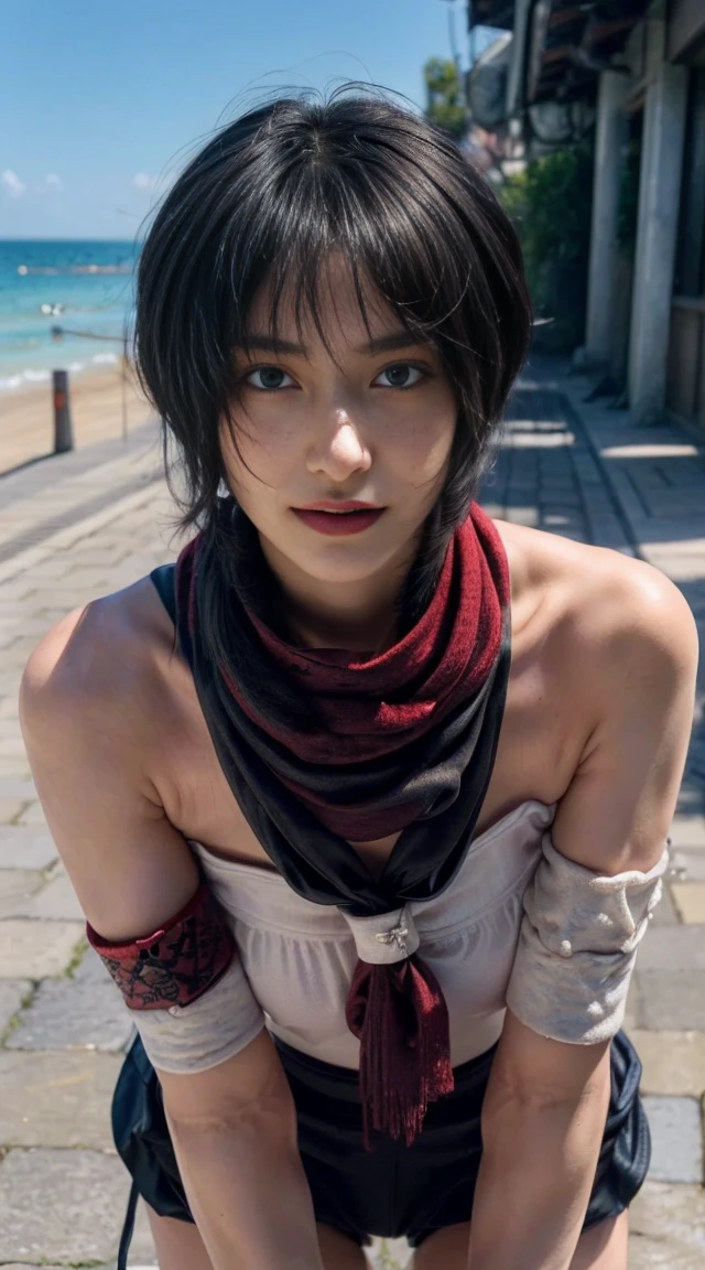 8K, Top Quality, Intricate Details, Ultra Detail, Ultra High Resolution, Masterpiece, random angle, mikasa ackerman,   Slender, Smile, (Makeup: 0.4), (Fluffy Blue Eyes: 1.21), blue Eyes,, ((full body)), 1girl, solo, 1 girl, (( full body)),  close-up shot,  , , ((tall)), (((fit body))), (((slim face))), sharp face, sharp eyes, (((black hair,  short hair, bangs ))  ,(detailed face), sharp face, small lips, thin lips, 
 ((red scarf, thigh strap)),  detailed face, detailed breast, , large breast, detail, , Beautiful girl with accentuated slender abs: 1.4, Six Pack Abs: 1.4, Bust Botox, Big, Perfect Body, detail leg, (( moonlight)), ocean