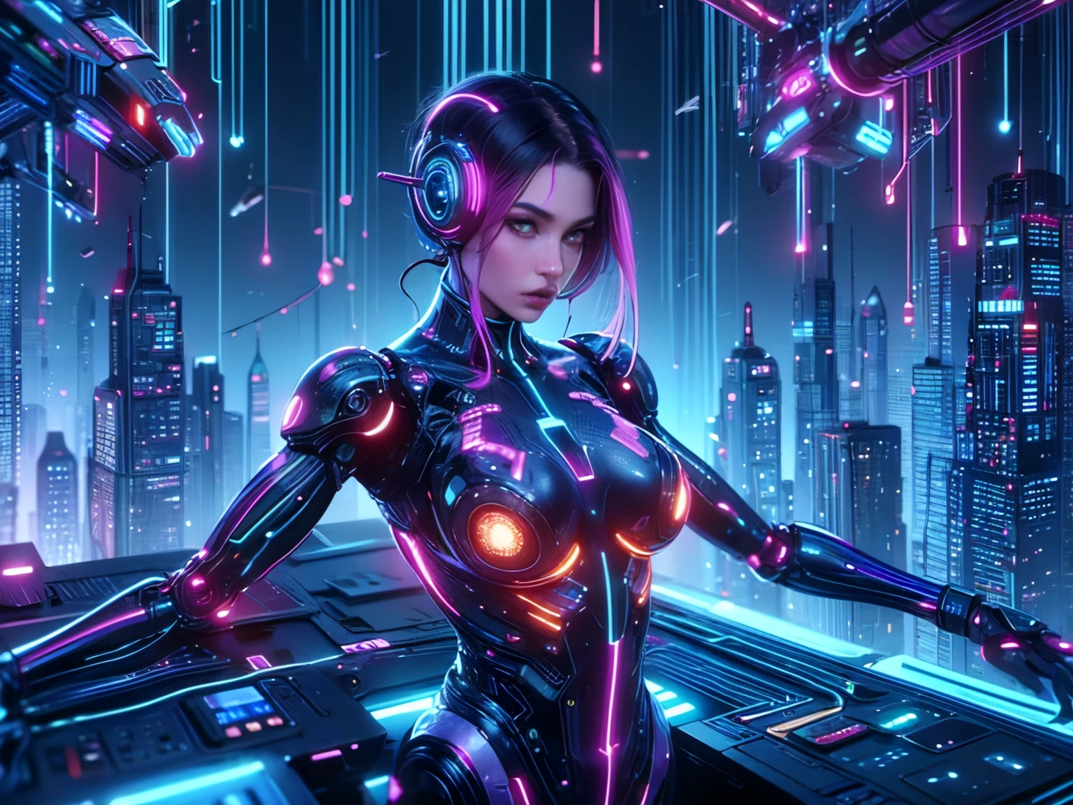 Calidad superior, mundo futuro, robot de última generación, mujer hermosa, Transformado en un cyborg excepto la cara y algunas partes., ig model, imagenes sexys, Los cables están conectados a la parte posterior del cuerpo., Lo más sexy posible, Exposición parcial del pecho y la parte inferior del cuerpo., puedo ver todo mi cuerpo,