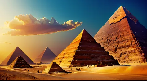 Create a visually stunning digital scene that shows the imposing pyramid of Giza. Pay special attention to the intricate details...