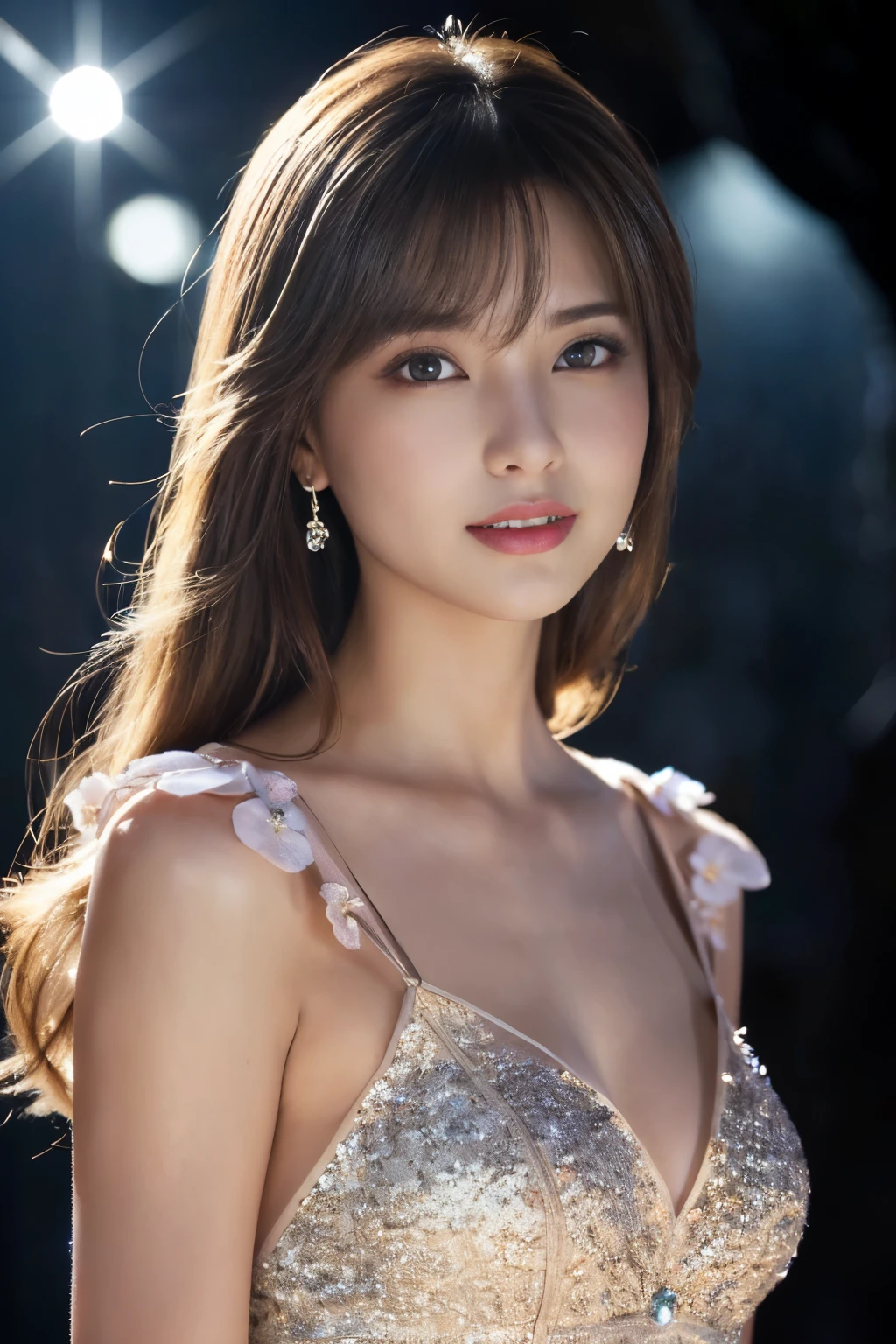 ((table top:1.4, highest quality)), (realistic pictures:1.4), 
((1 girl)), (Pure actress), (dream-like),
(超High resolution:1.2), very delicate and beautiful, wonderful, Highly detailed CG Unity 8K wallpaper, Super detailed, High resolution, 
soft light, beautiful detailed girl, highly detailed eyes and face, beautifully detailed nose, beautiful and detailed eyes, 
(wear a gorgeous glitter dress:1.3), 
cinematic lighting, perfect anatomy, slender body, (parted bangs),
(Flower garden blooming in a cave:1.3), (Flowers blooming all over in the darkness々the brilliance of:1.5), (Light and dark emphasis), (fantastic beauty),
cowboy shot, looking at the viewer, (smile)
