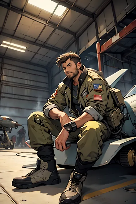 a mercenary，mecha pilot，30 years old，middle aged male，sitting in the hangar smoking