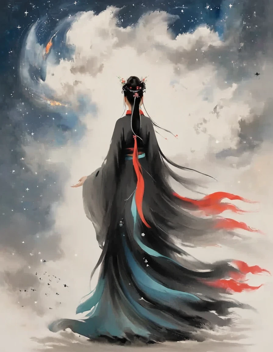 Back view of wise and affectionate woman in ancient costume, Minimalist koan in the background, From front and center to ghostly smoke, Transition from entity to ghost, Starry sky and clouds in the background, A wise, powerful and calm sense of the universe, glowing eyes, Rich and detailed, psychedelic style, fantasy style, movie style, dramatic style, style, 