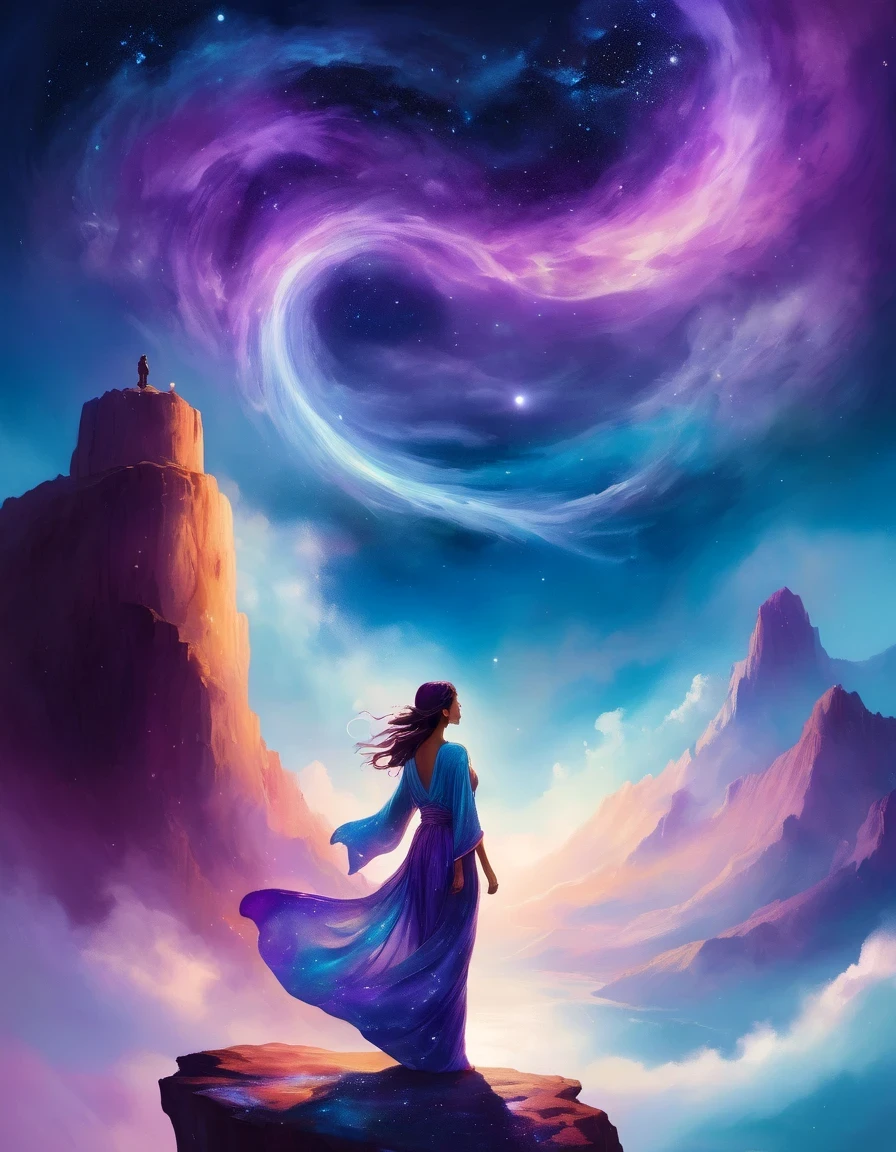 一个女人站在悬崖上仰望星空, 被宇宙能量的漩涡包围，梦幻般的薄雾笼罩景观。人物身着飘逸的长袍.，与天地流线融为一体。天空是一幅深紫色和蓝色的织锦，星光点缀，下面的风景暗示着柔软、连绵起伏的山脉，星界以太, 奇妙的数字, 空灵精华, 空灵幻想, 空灵之美, 数字艺术幻想, 美丽的幻想画, 美丽的幻想艺术, 令人惊叹的幻想艺术, 受到西里尔·罗兰多 (Cyril Rolando) 的启发, 奇幻艺术风格, 轻轻旋转的魔法能量, 幻想数字绘画, 幻想数字艺术, 空灵境界, of 空灵幻想
