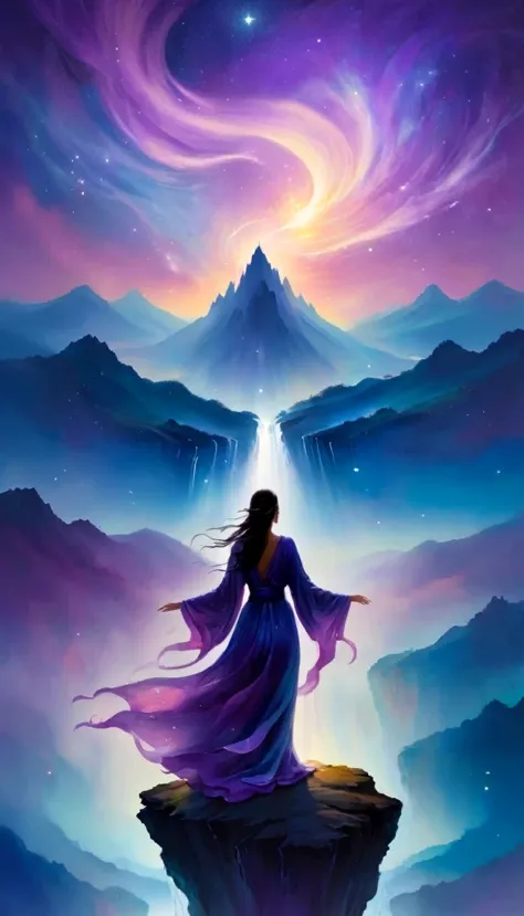 a beautiful woman stands on a cliff looking at the stars, （beautiful silhouette），surrounded by swirling currents of cosmic energ...