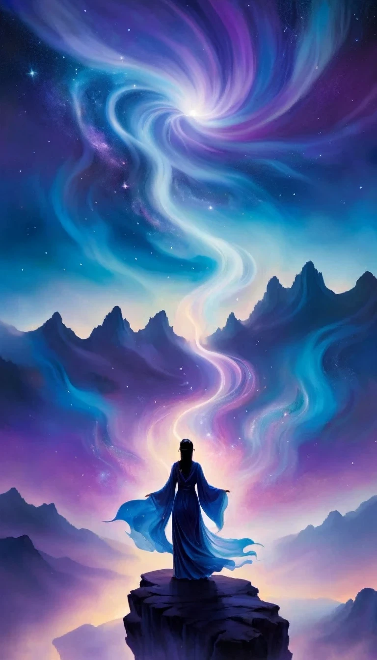 一位美丽的女人站在悬崖上仰望星空, （美丽的剪影），被宇宙能量的漩涡包围，梦幻般的薄雾笼罩景观。人物身着飘逸的长袍.，与天地流线融为一体。天空是一幅深紫色和蓝色的织锦，星光点缀，下面的风景暗示着柔软、连绵起伏的山脉，星界以太, 奇妙的数字, 空灵精华, 空灵幻想, 空灵之美, 数字艺术幻想, 美丽的幻想画, 美丽的幻想艺术, 令人惊叹的幻想艺术, 受到西里尔·罗兰多 (Cyril Rolando) 的启发, 奇幻艺术风格, 轻轻旋转的魔法能量, 幻想数字绘画, 幻想数字艺术, 空灵境界, of 空灵幻想