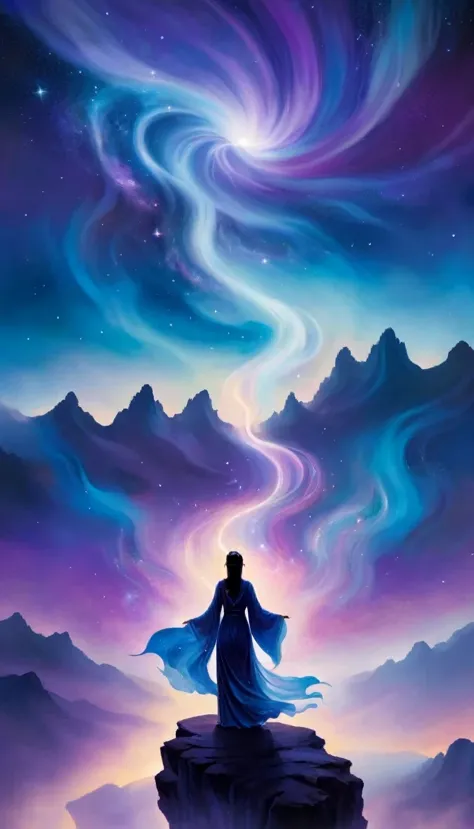 A beautiful woman stands on a cliff looking at the stars, （beautiful silhouette），Surrounded by swirling currents of cosmic energ...