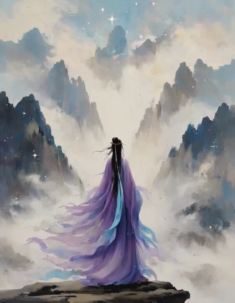 悬崖上站立的穿着古装的睿智深情女子的背影, 被宇宙能量的漩涡包围，梦幻般的薄雾笼罩景观。人物身着飘逸的长袍.，与天地流线融为一体。天空是一幅深紫色和蓝色的织锦，星光点缀，下面的风景暗示着柔软、连绵起伏的山脉背景中的极简主义公案, 从前部和中心到幽灵般的烟雾, 从实体到幽灵的转变, 背景中的星空和云彩, 明智的, 强大而平静的宇宙感, 发光的眼睛, 丰富细致, psychedelic 风格, fantasy 风格, movie 风格, dramatic 风格, 风格, 