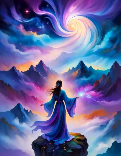 A woman standing on a cliff looking at the stars, Surrounded by swirling currents of cosmic energy，Surrounded by a dreamy mist-s...