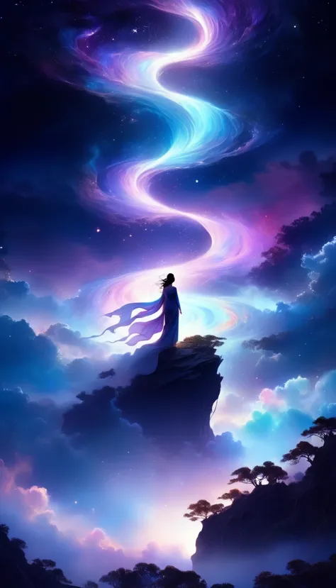 A beautiful woman stands on a cliff looking at the stars, （beautiful silhouette），Surrounded by swirling currents of cosmic energ...