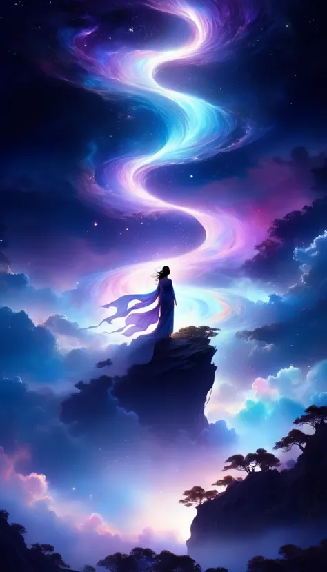 a beautiful woman stands on a cliff looking at the stars, （beautiful silhouette），surrounded by swirling currents of cosmic energ...