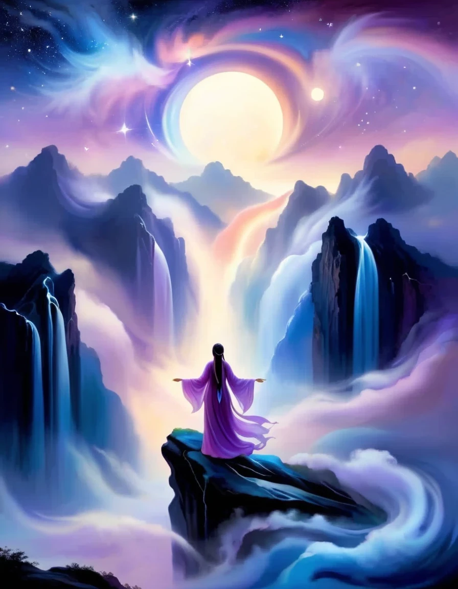 A woman standing on a cliff looking at the stars, Surrounded by swirling currents of cosmic energy，Surrounded by a dreamy mist-shrouded landscape。The figure is wrapped in a flowing robe.，Integrate with the streamlines of heaven and earth。The sky is a tapestry of deep purples and blues，Dotted with stars，The landscape below suggests softness、Rolling mountains，Astral ethereal, fantastic numbers, ethereal essence, Ethereal fantasy, ethereal beauty, digital art fantasy, beautiful fantasy painting, beautiful fantasy art, stunning fantasy art, Inspired by Cyril Rolando, fantasy art style, softly swirling magical energy, fantasy digital painting, fantasy digital art, ethereal realm, of Ethereal fantasy